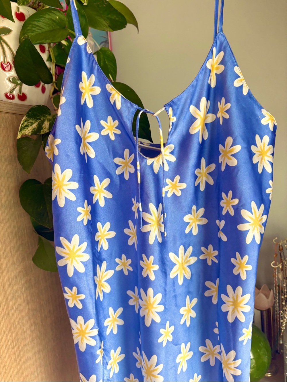 Vintage Blue Floral Slip Dress with Yellow & White Daisies